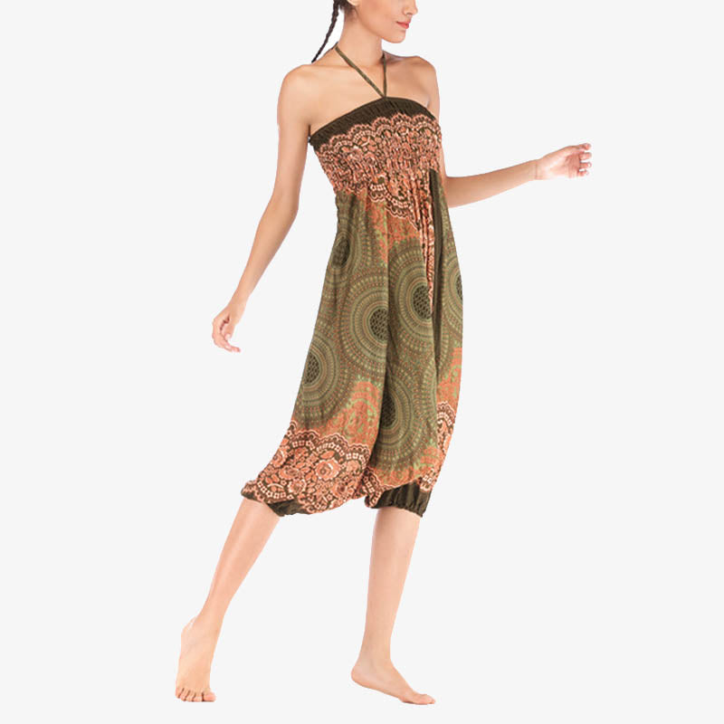 Two Style Wear Round Geometric Pattern Loose Smocked Harem Trousers Jumpsuit High Waist Women's Yoga Pants