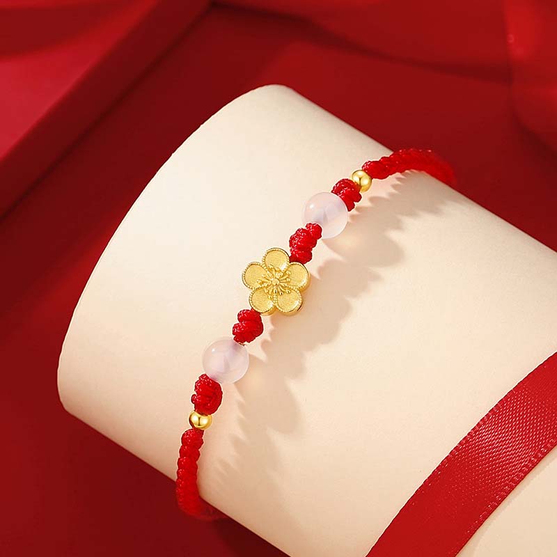 Handmade 925 Sterling Silver Peach Blossom Cherry Sakura Chalcedony Bead Luck Red Rope Bracelet