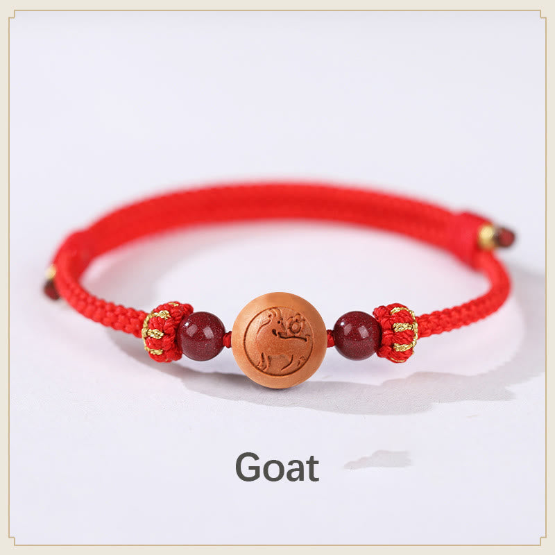 Natural Peach Wood Chinese Zodiac Fu Character Carved Cinnabar Wealth Bracelet