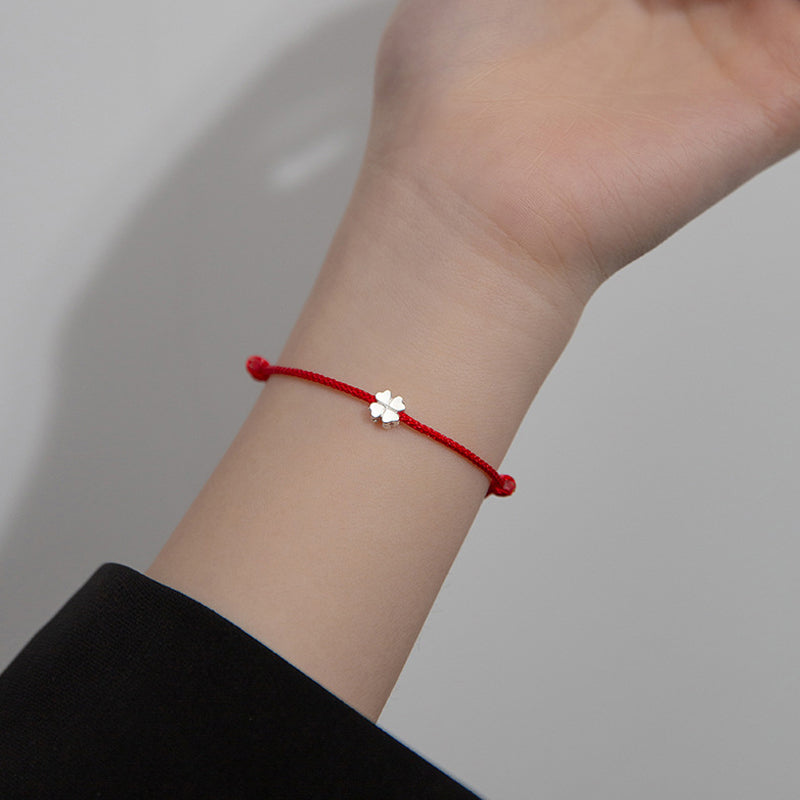 925 Sterling Silver Four Leaf Clover Red Rope Bracelet