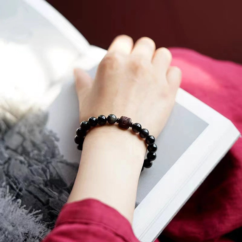 Natural Gold Sheen Obsidian Rainbow Obsidian Om Mani Padme Hum Fu Character Bracelet