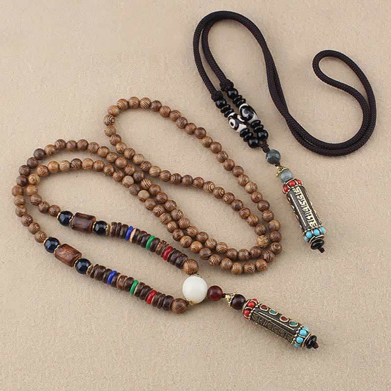 Tibetan Om Mani Padme Hum Dzi Bead Wenge Wood Necklace Pendant