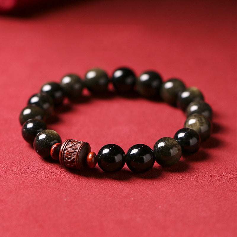 Natural Gold Sheen Obsidian Rainbow Obsidian Om Mani Padme Hum Fu Character Bracelet