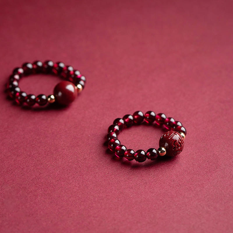 Garnet Cinnabar Lucky Bead PiXiu Om Mani Padme Hum Rose Protection Ring