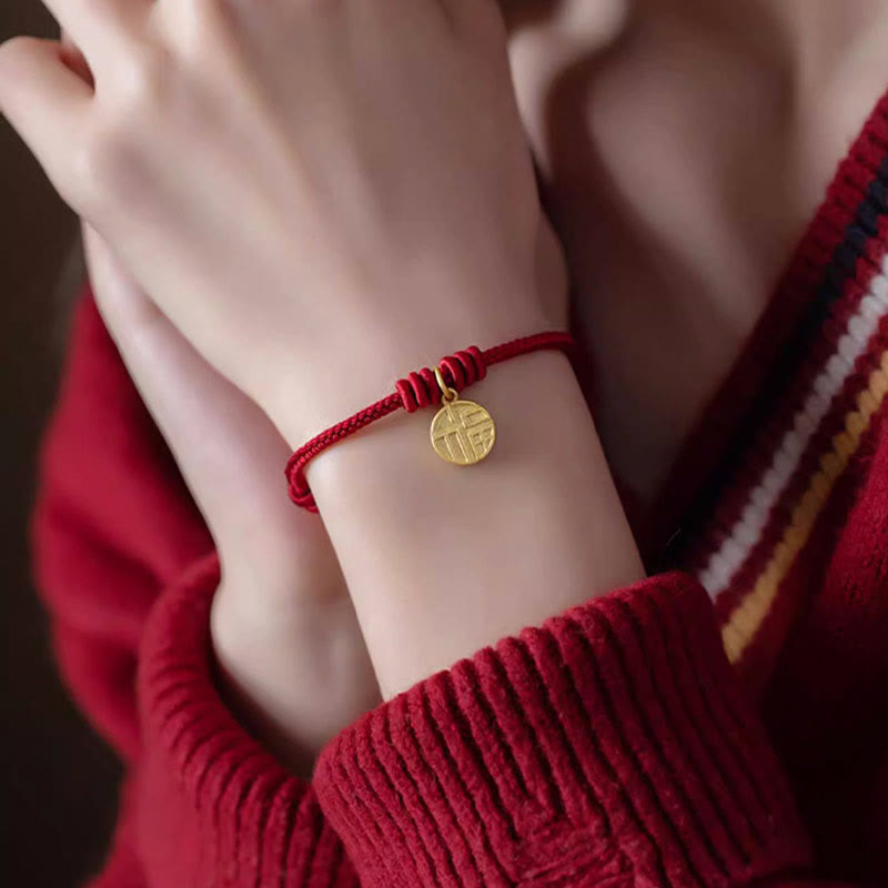 Handmade Eight Thread Peace Knot Fu Character Charm Luck Happiness Red Rope Bracelet