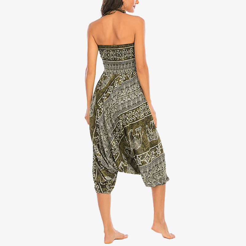 Two Style Wear Elephant Pattern Loose Smocked Harem Trousers Jumpsuit Women's Yoga Pants