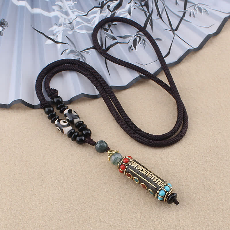 Tibetan Om Mani Padme Hum Dzi Bead Wenge Wood Necklace Pendant