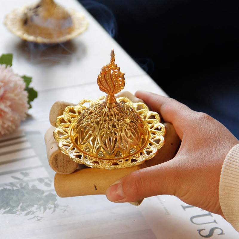 Gold Alloy Mini Incense Burner With Wooden Coaster Home Decor