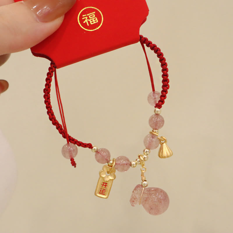 Natural Strawberry Quartz Money Bag Lotus Charm Red String Braided Bracelet