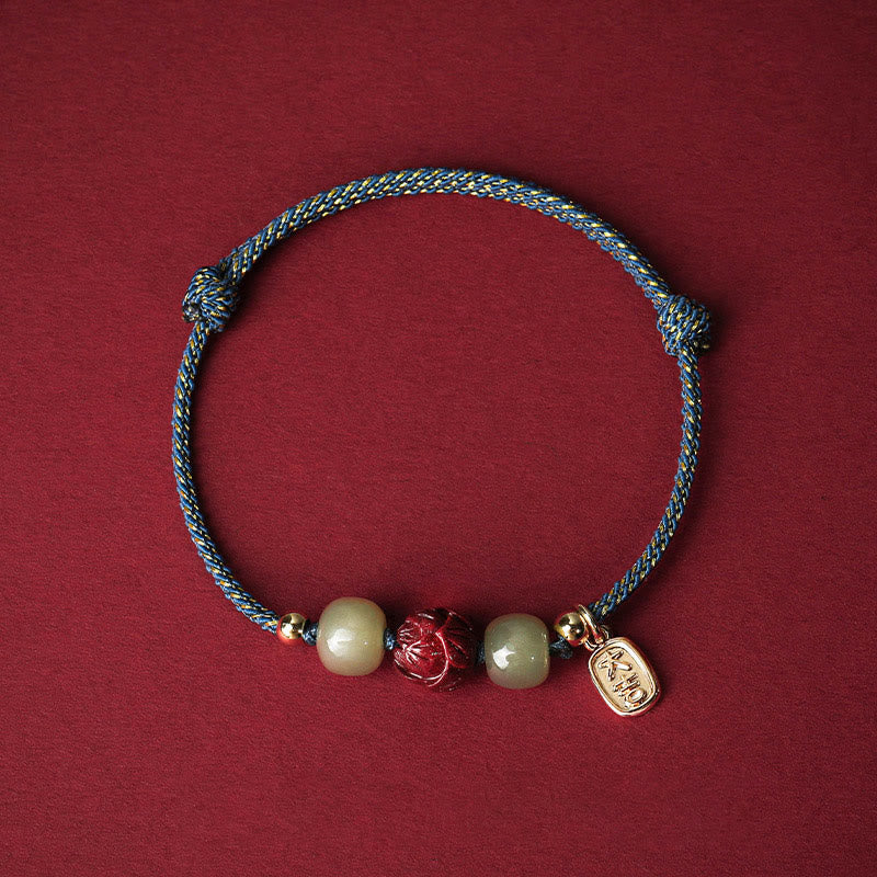 14K Gold Plated Hetian Jade Cinnabar Lotus Luck Handcrafted Rope Bracelet
