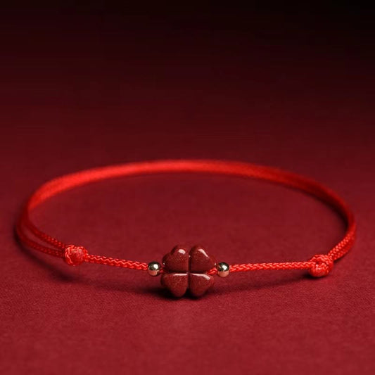 Natural Cinnabar Four Leaf Clover Blessing Red String Bracelet Anklet