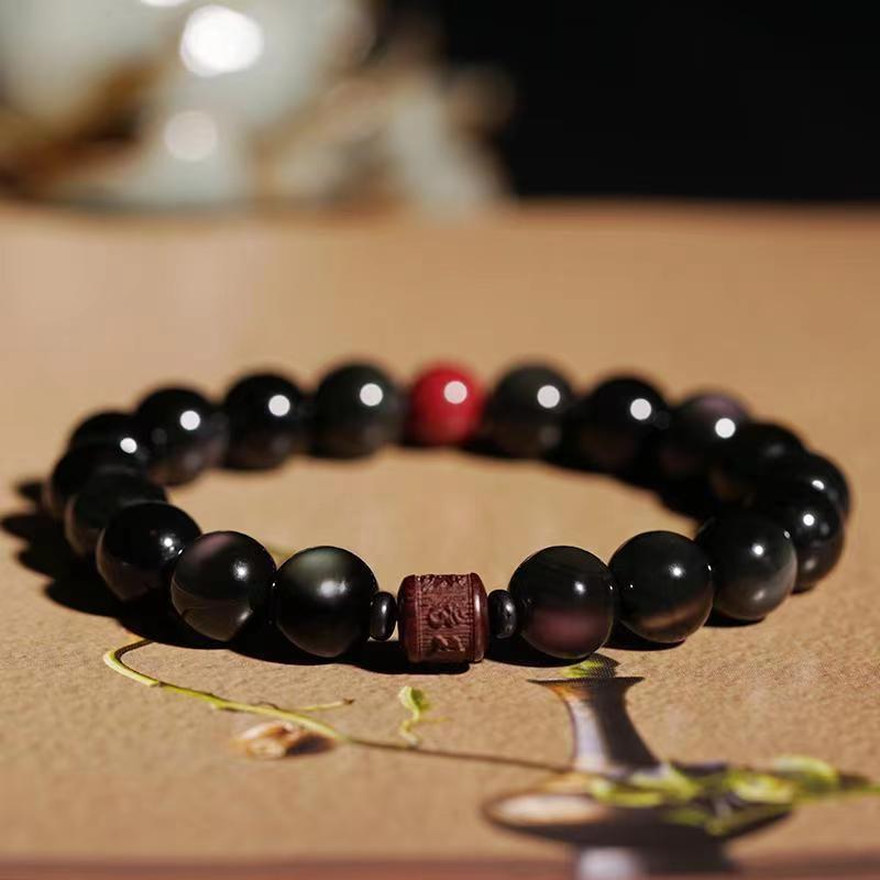 Natural Gold Sheen Obsidian Rainbow Obsidian Om Mani Padme Hum Fu Character Bracelet
