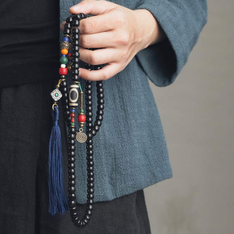 108 Beads Mala Ebony Wood Dzi Bead Copper Balance Tassel Bracelet