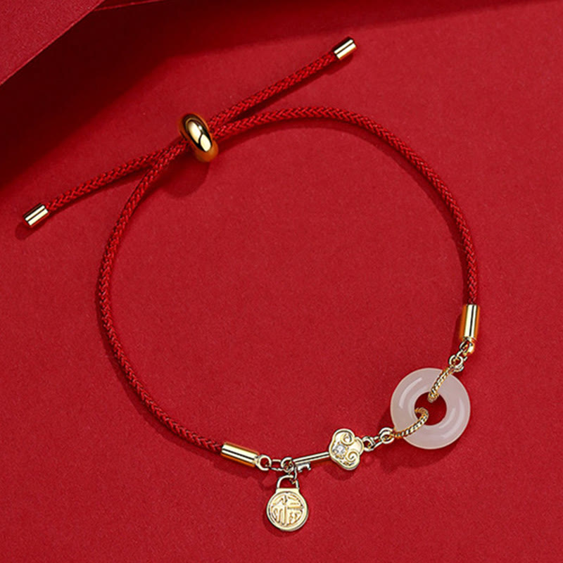 18K Gold Plated Hetian Jade Peace Buckle Fu Character Luck Red Rope Bracelet