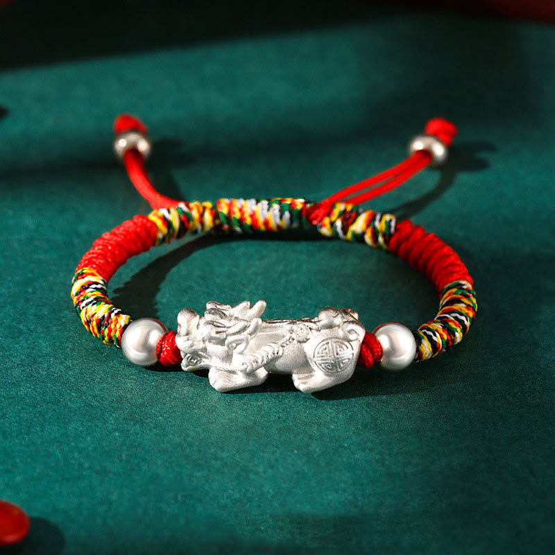 999 Sterling Silver PiXiu Wealth King Kong Knot String Braided Kids Child Bracelet