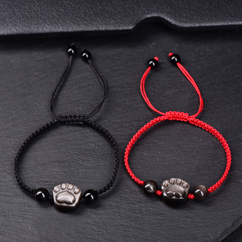 Natural Silver Sheen Obsidian Gold Sheen Obsidian Cute Cat Paw Claw Protection Rope Bracelet