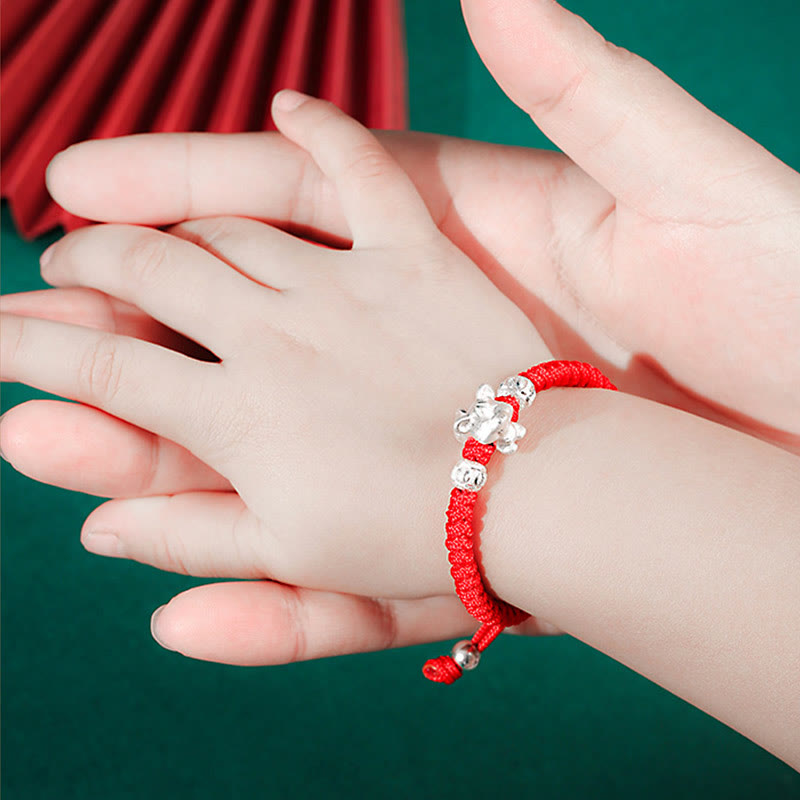 999 Sterling Silver Chinese Zodiac Red Rope Luck Handcrafted Kids Bracelet