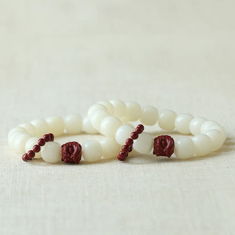 Natural Bodhi Seed Cinnabar Dancing Lion Charm Wisdom Harmony Wrist Mala