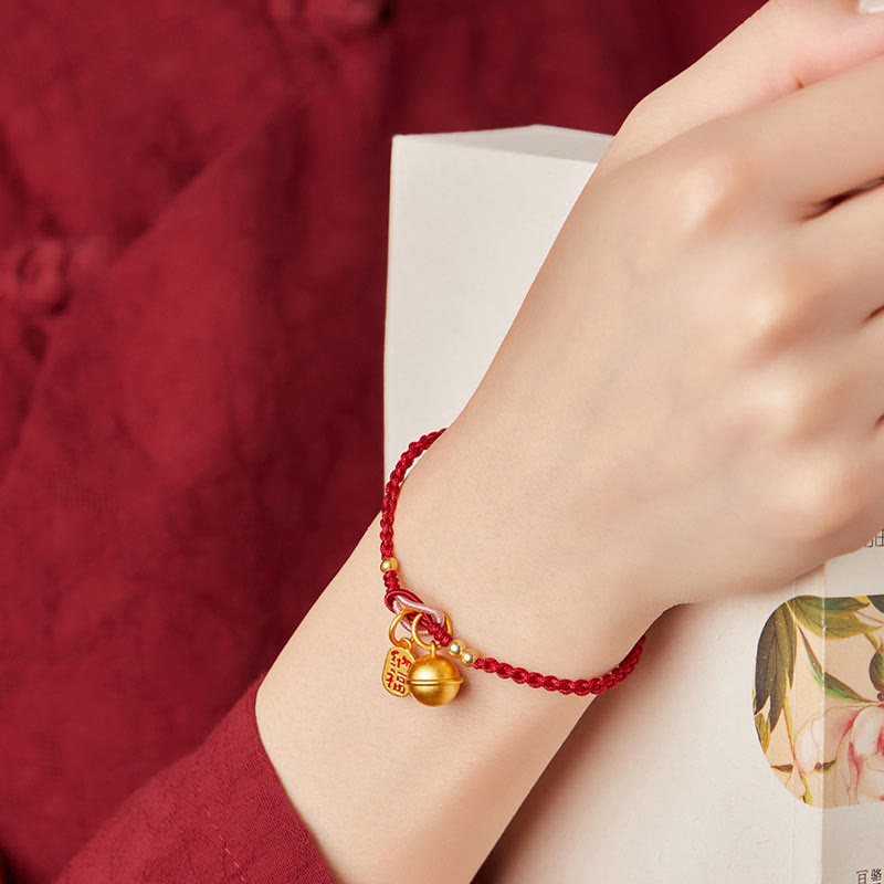 Handmade Fu Character Charm Luck Happiness Bell Red Rope Bracelet