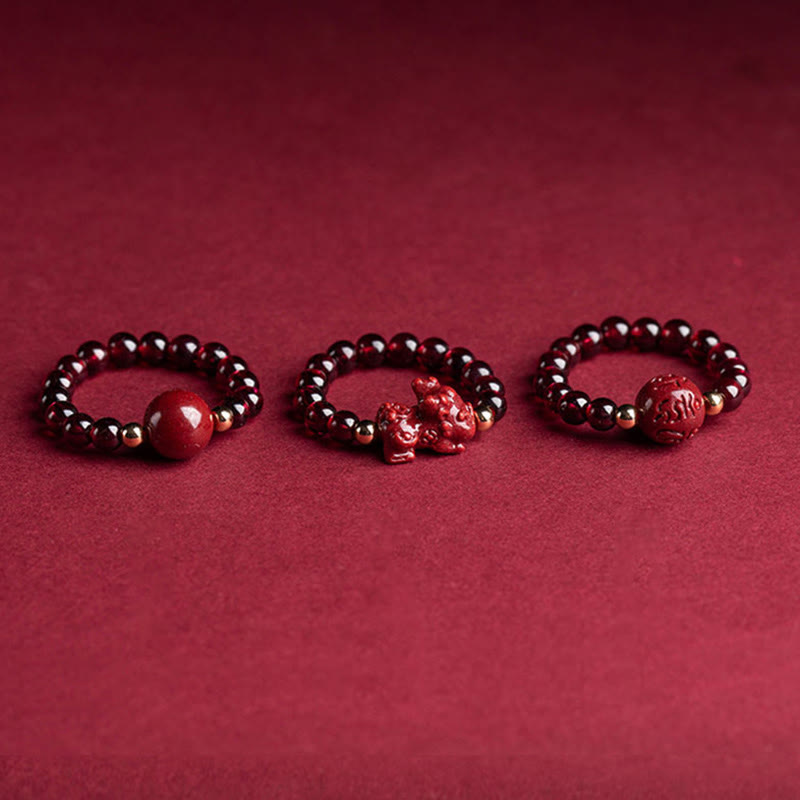 Garnet Cinnabar Lucky Bead PiXiu Om Mani Padme Hum Rose Protection Ring
