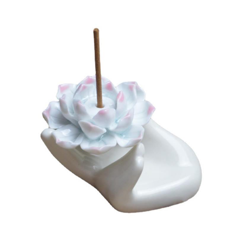 Small Ceramic Lotus Hand Meditation Incense Burner Decoration