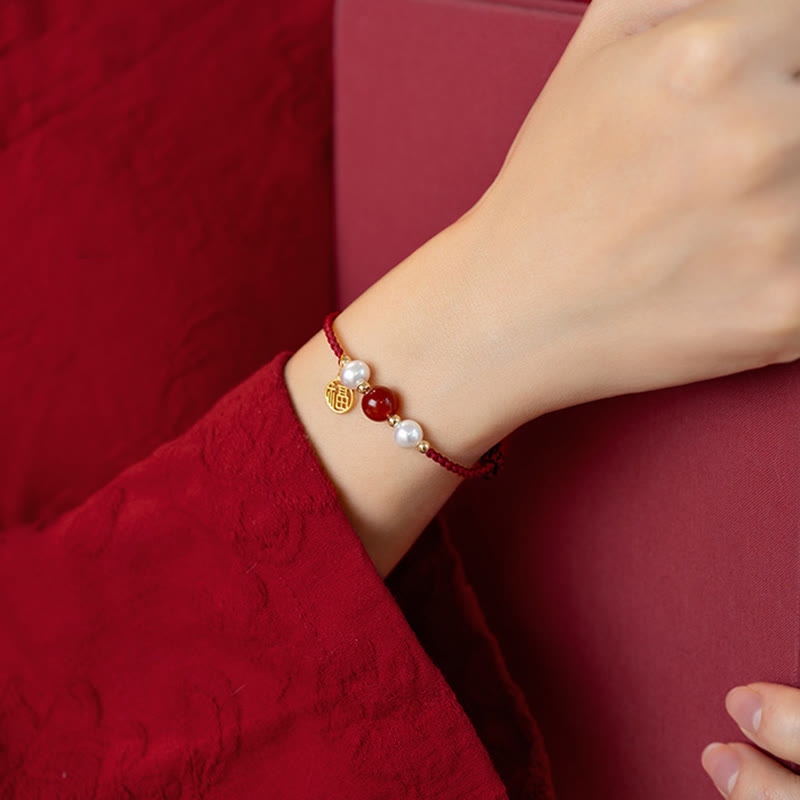 925 Sterling Silver Good Fortune Fu Character Agate Pearl Red String Braid Bracelet