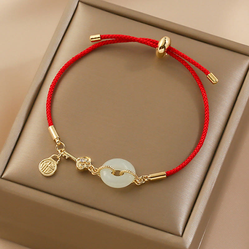 18K Gold Plated Hetian Jade Peace Buckle Fu Character Luck Red Rope Bracelet
