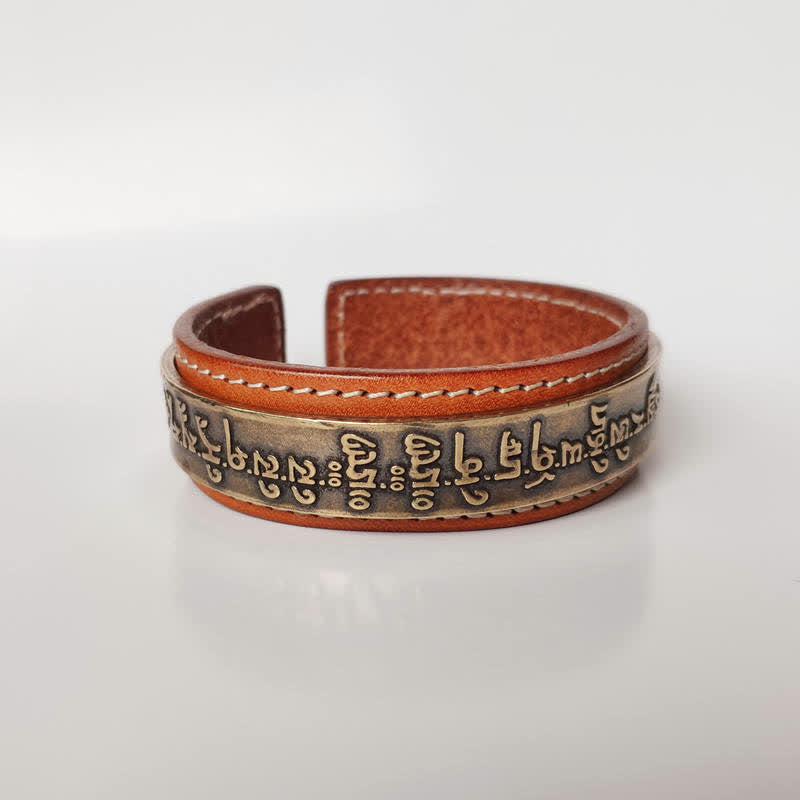 2Pcs Om Mani Padme Hum Dragon Phoenix Copper Leather Peace Cuff Bracelet Bangle