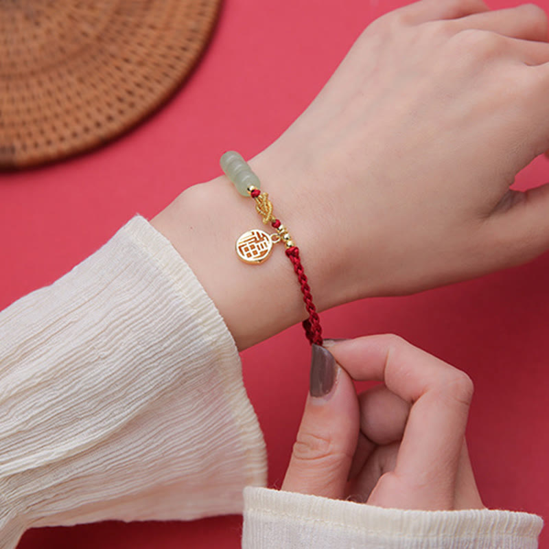 Handcrafted Jade Bead Fu Character Charm Luck Red Rope Bracelet