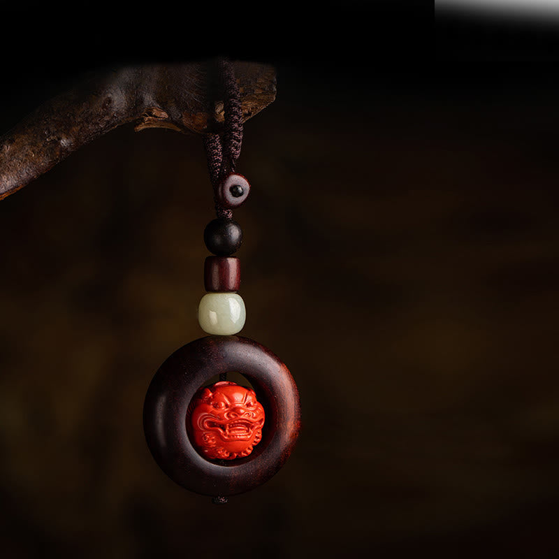 Tibet Om Mani Padme Hum PiXiu Copper Coin Small Leaf Red Sandalwood Cinnabar Protection Key Chain