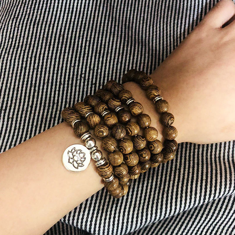 Tibetan Wood Bracelet Lotus Charm Mala