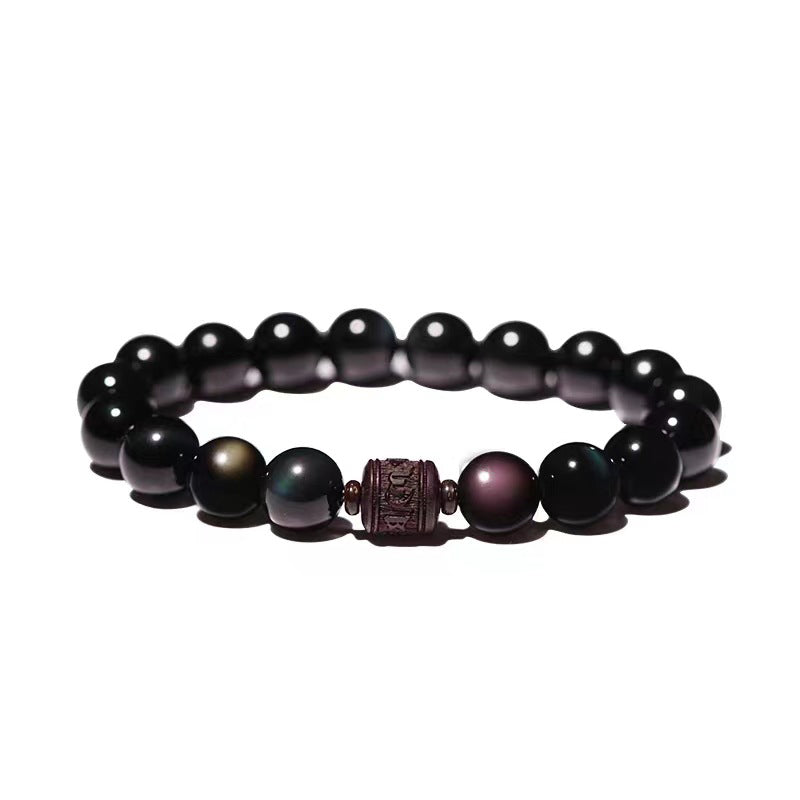 Natural Gold Sheen Obsidian Rainbow Obsidian Om Mani Padme Hum Fu Character Bracelet