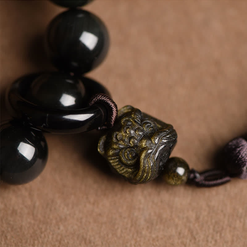 Natural Black Obsidian Lion Wrist Mala Protection Tassels Pocket Mala Car Decoration