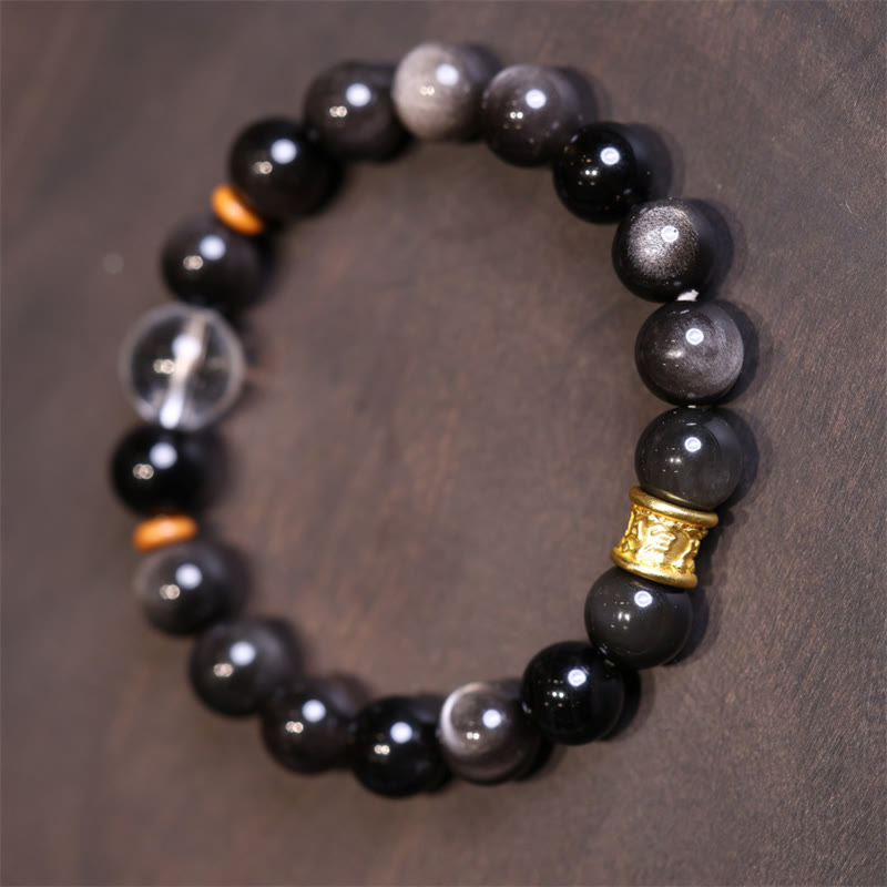 Natural Silver Sheen Obsidian Crystal Om Mani Padme Hum Bead Protection Bracelet