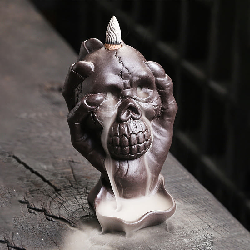 Halloween Skull With Ghost Hand Purple Clay Spiritual Incense Burner Decoration
