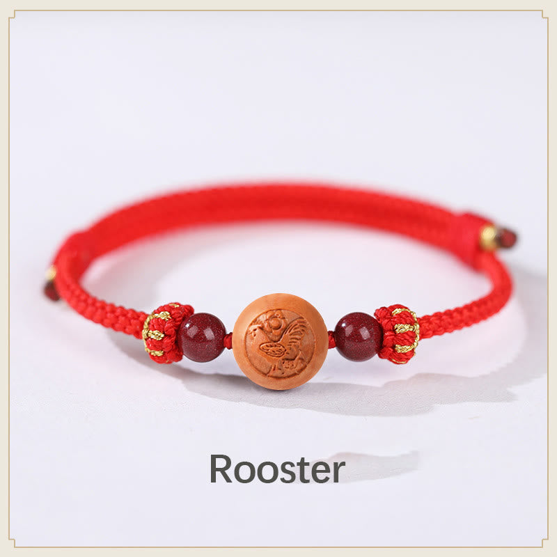 Natural Peach Wood Chinese Zodiac Fu Character Carved Cinnabar Wealth Bracelet