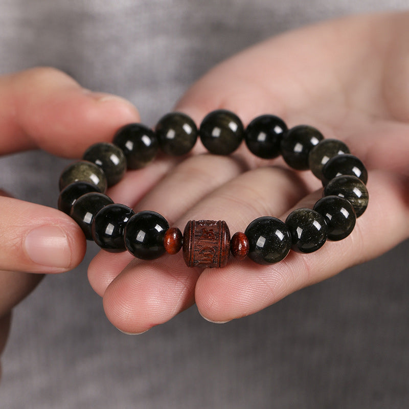Natural Gold Sheen Obsidian Rainbow Obsidian Om Mani Padme Hum Fu Character Bracelet
