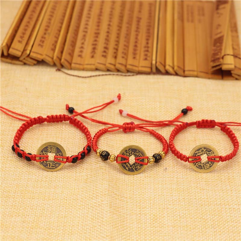 Copper Coin Fortune Red String Weave Bracelet