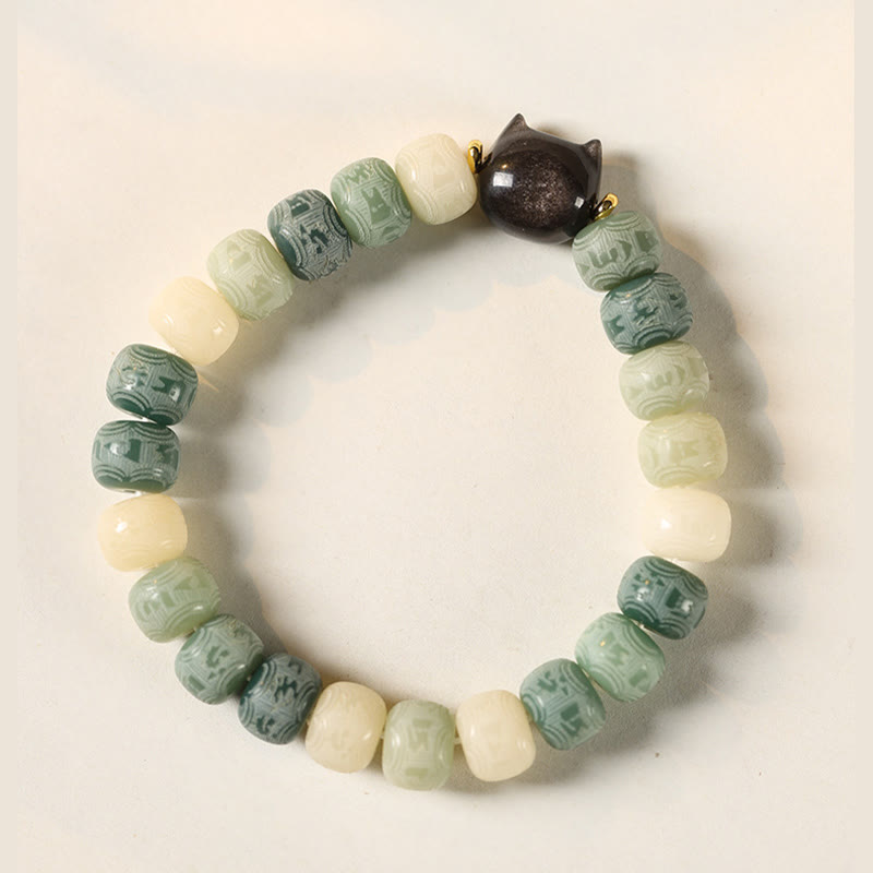 Bodhi Seed Silver Sheen Obsidian Cat Head Om Mani Padme Hum Engraved Harmony Bracelet