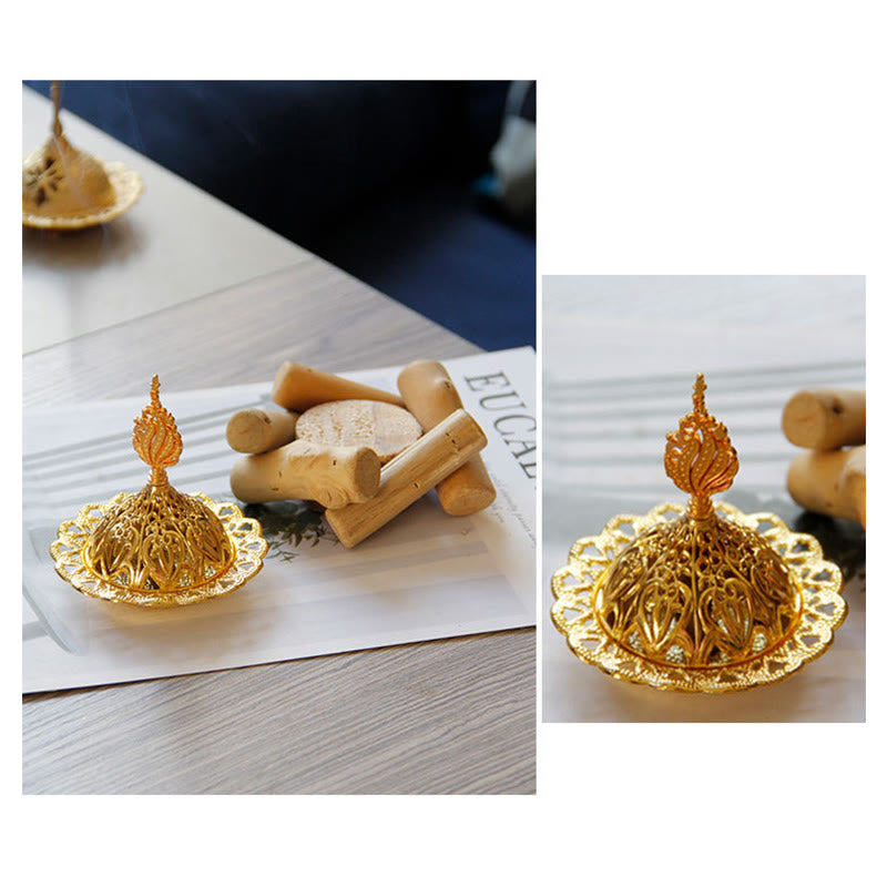 Gold Alloy Mini Incense Burner With Wooden Coaster Home Decor