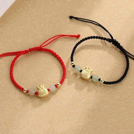 Lucky Money Bag Fu Character Jade Bead Luck Braided Bracelet