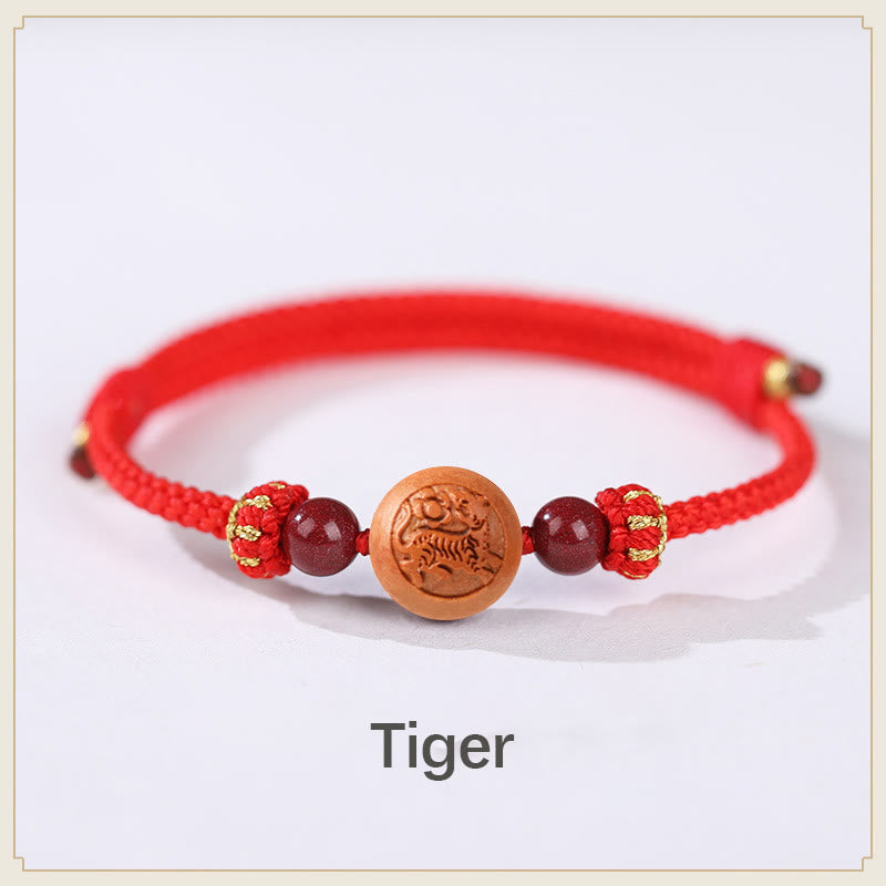 Natural Peach Wood Chinese Zodiac Fu Character Carved Cinnabar Wealth Bracelet
