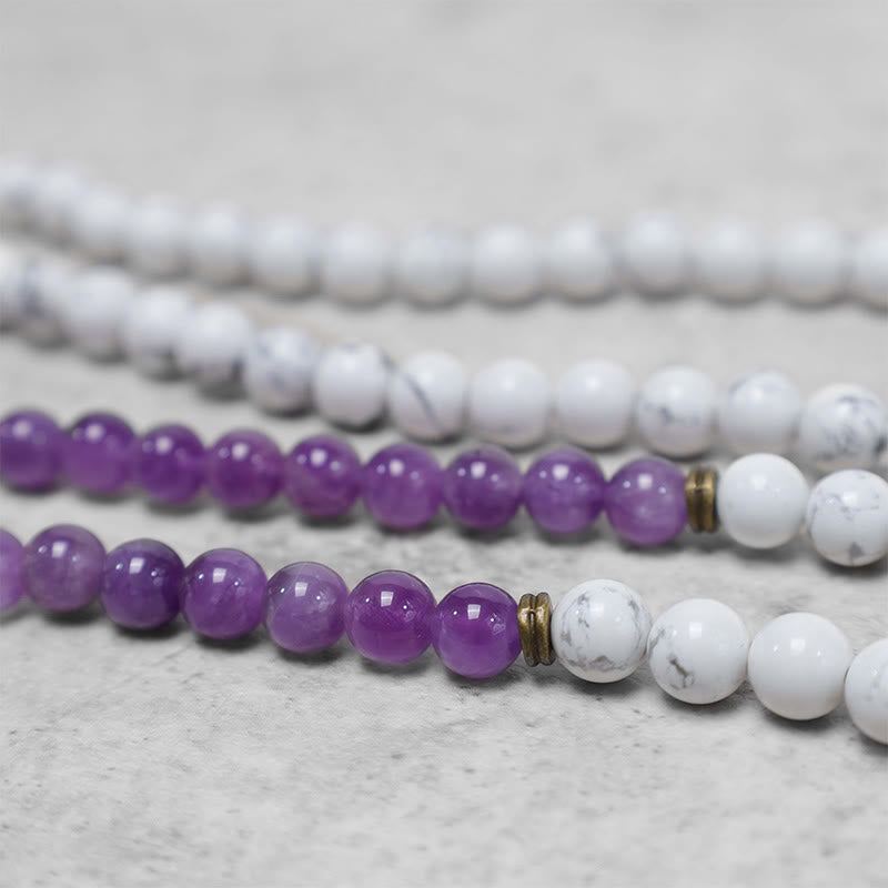 108 Mala Beads Amethyst White Turquoise OM Meditation Energy Bracelet