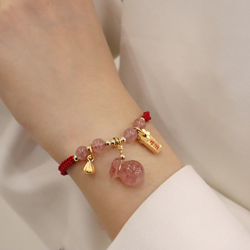 Natural Strawberry Quartz Money Bag Lotus Charm Red String Braided Bracelet