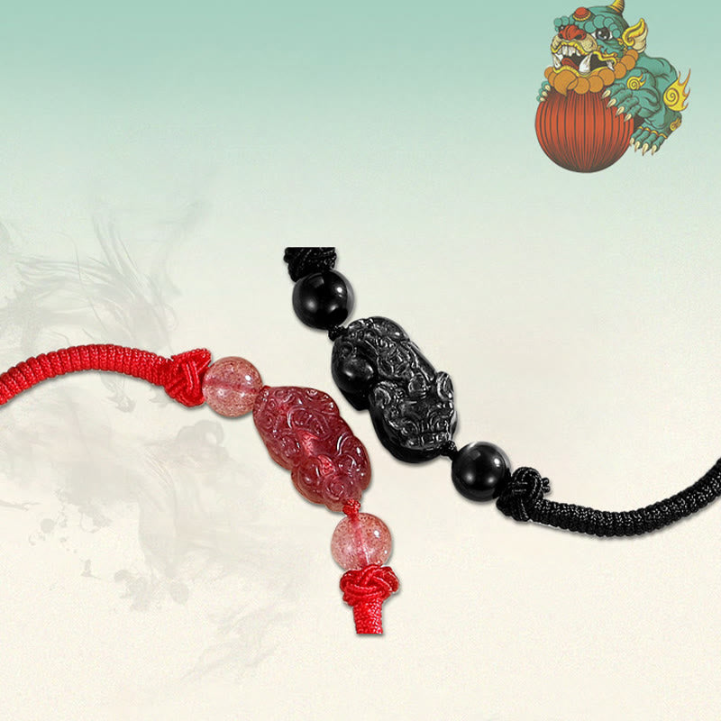 Handmade Natural Silver Sheen Obsidian Strawberry Quartz PiXiu Protection Braided Bracelet