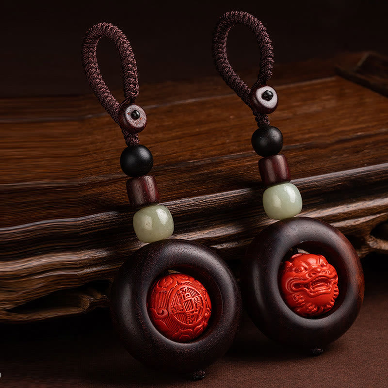 Tibet Om Mani Padme Hum PiXiu Copper Coin Small Leaf Red Sandalwood Cinnabar Protection Key Chain