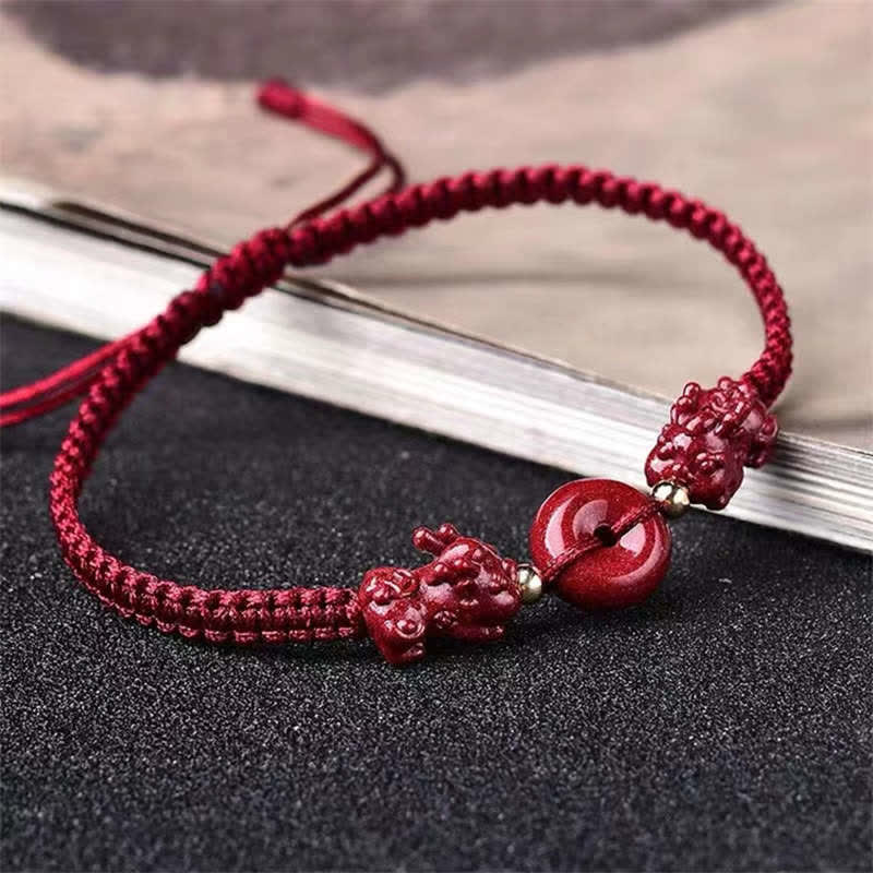 Cinnabar PiXiu Blessing Copper Coin Peace Buckle Red String Bracelet