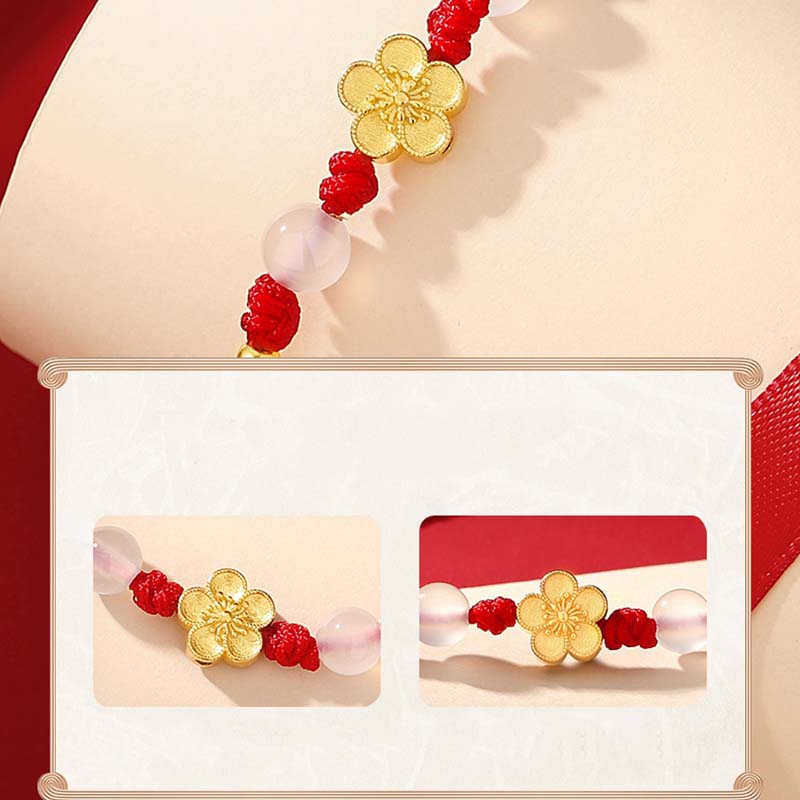 Handmade 925 Sterling Silver Peach Blossom Cherry Sakura Chalcedony Bead Luck Red Rope Bracelet