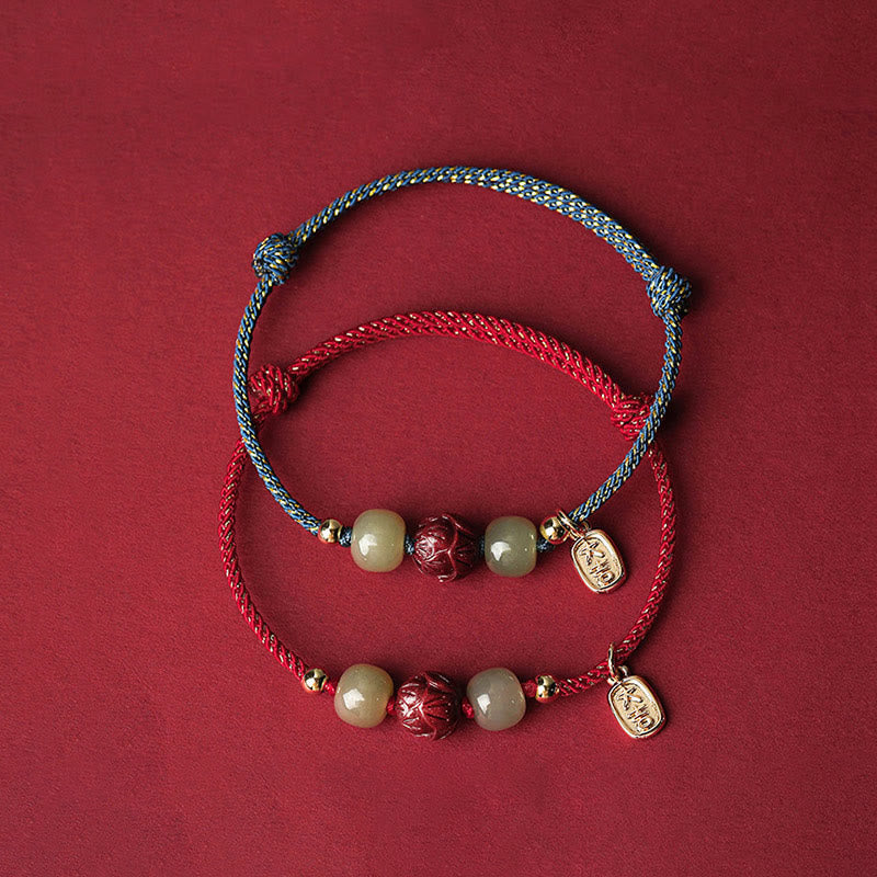 14K Gold Plated Hetian Jade Cinnabar Lotus Luck Handcrafted Rope Bracelet