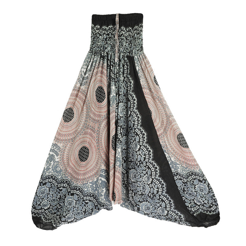 Two Style Wear Round Geometric Pattern Loose Smocked Harem Trousers Jumpsuit High Waist Women's Yoga Pants